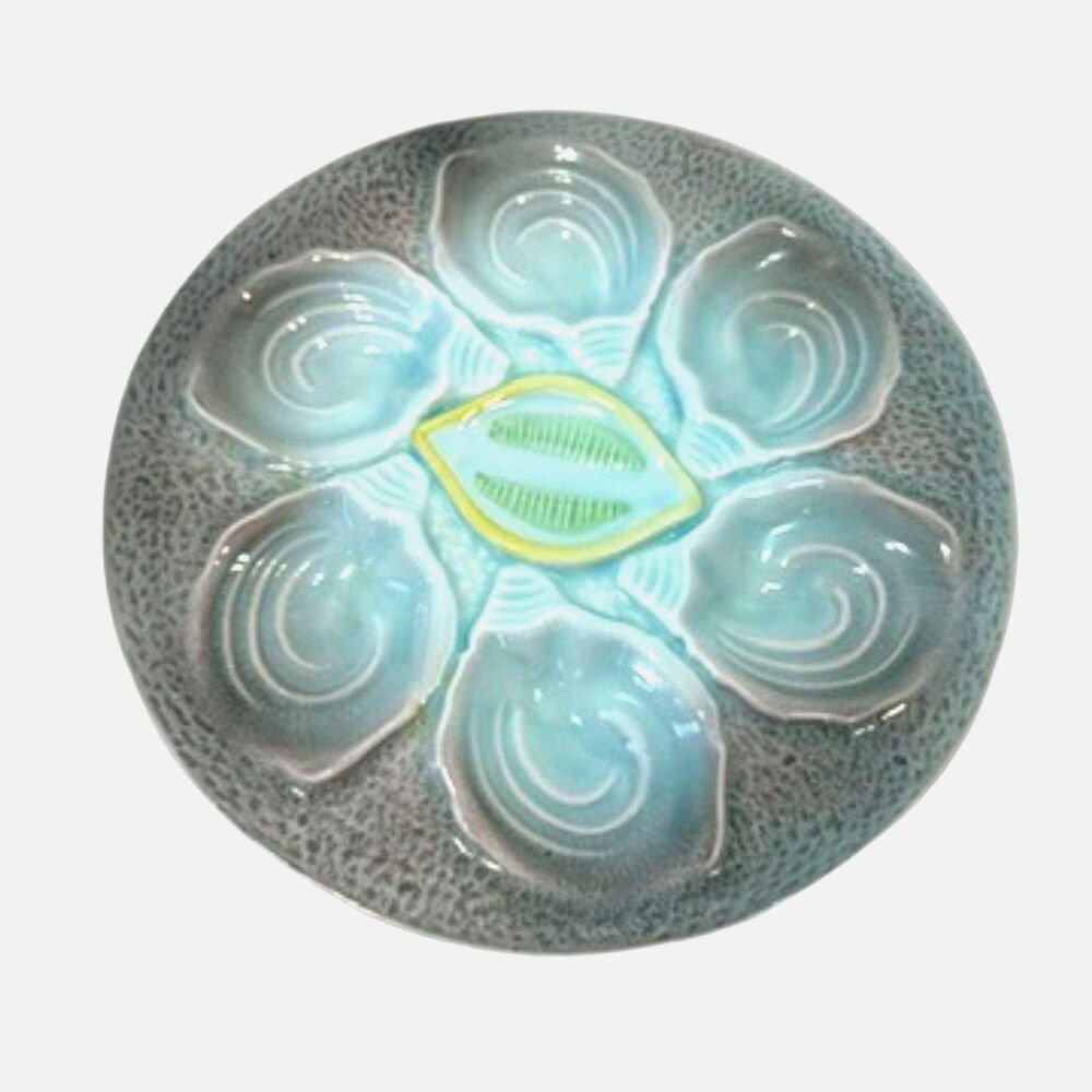 Vintage Antique Majolica Style Oyster Plate Lemon Center 9 3/4" Diameter Set 4